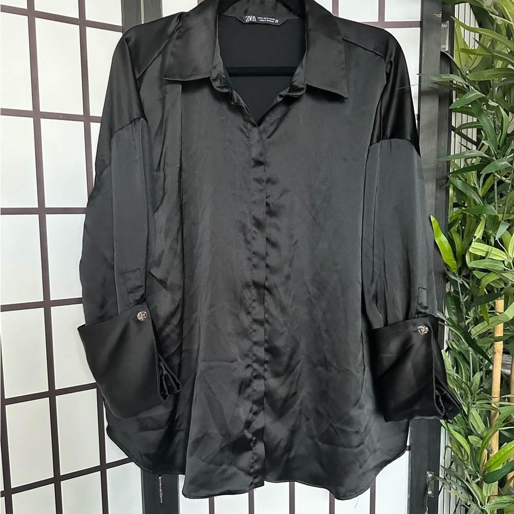 Zara silky satin black shirt with cuffed sleeves and hidden buttons